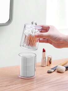 Stackable Clear Facial Pad Storage Box, 1pc Double-layer Makeup Organizer, Holder Dispenser For Ball, Swab, Floss Picks, Plastic Storage Jar Set For Bathroom, Dresser, Bathroom, Vanity - White - View 1