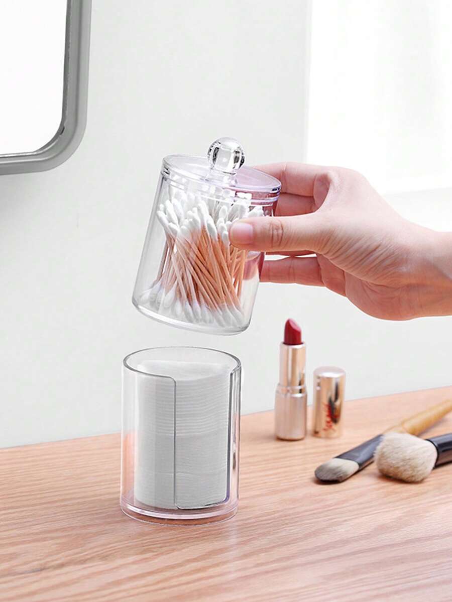 Stackable Clear Facial Pad Storage Box, 1pc Double-layer Makeup Organizer, Holder Dispenser For Ball, Swab, Floss Picks, Plastic Storage Jar Set For Bathroom, Dresser, Bathroom, Vanity - White - View 1