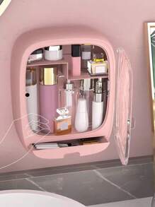 Punch Free Multifunctional Storage Box, 1pc Wall-mounted Cosmetic Storage Organizer, Dust-proof Makeup Container, Lotion Cosmetic Organizer With Clear Cover & 1 Drawer, Bathroom Organizer For Cosmetic, Jewelry, Hair Clips-Pink - Pink - View 1