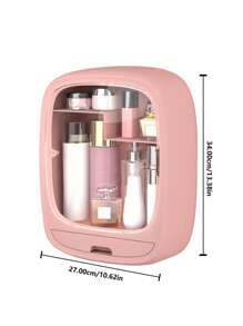 Punch Free Multifunctional Storage Box, 1pc Wall-mounted Cosmetic Storage Organizer, Dust-proof Makeup Container, Lotion Cosmetic Organizer With Clear Cover & 1 Drawer, Bathroom Organizer For Cosmetic, Jewelry, Hair Clips-Pink - Pink - View 4
