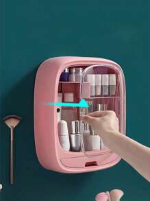 Punch Free Multifunctional Storage Box, 1pc Wall-mounted Cosmetic Storage Organizer, Dust-proof Makeup Container, Lotion Cosmetic Organizer With Clear Cover & 1 Drawer, Bathroom Organizer For Cosmetic, Jewelry, Hair Clips-Pink - Pink - View 5
