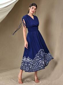 Mulvari Đầm Dây kéo Xù Dải chun Bộ lạc Giải trí - Màu xanh lam - Xem 1