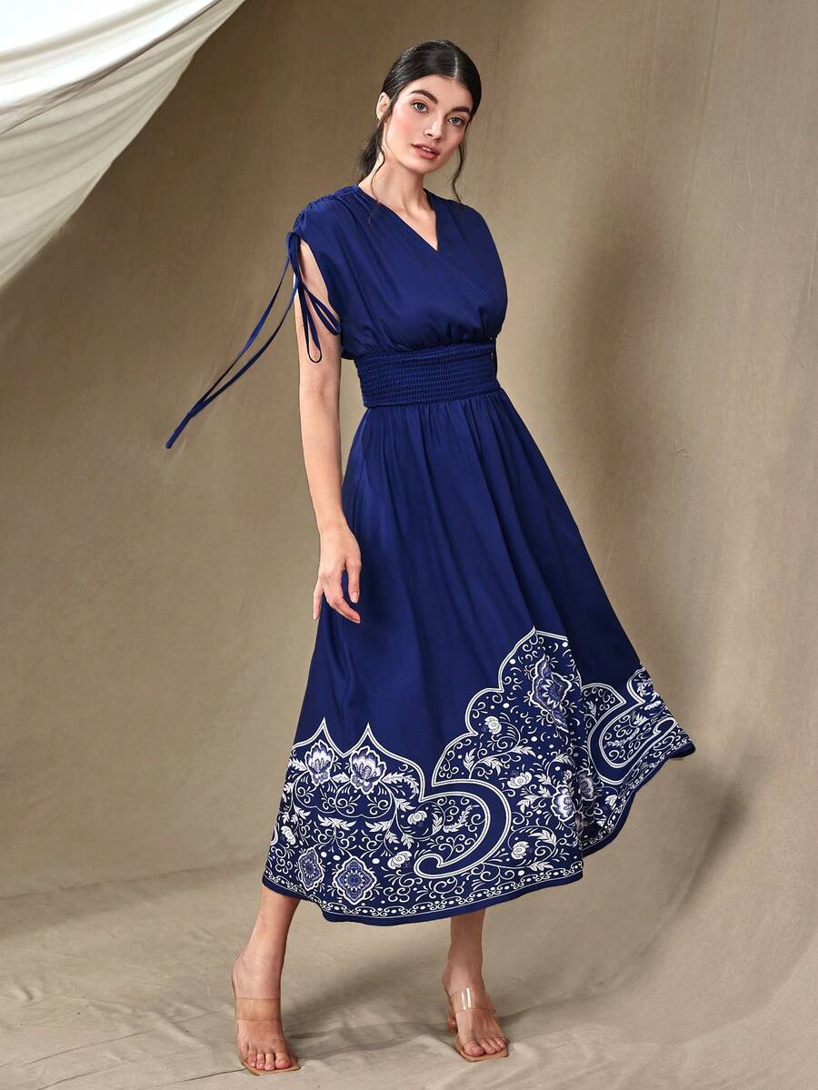 Mulvari Đầm Dây kéo Xù Dải chun Bộ lạc Giải trí - Màu xanh lam - Xem 1