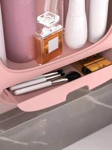 Punch Free Multifunctional Storage Box, 1pc Wall-mounted Cosmetic Storage Organizer, Dust-proof Makeup Container, Lotion Cosmetic Organizer With Clear Cover & 1 Drawer, Bathroom Organizer For Cosmetic, Jewelry, Hair Clips-Pink - Pink - View 6
