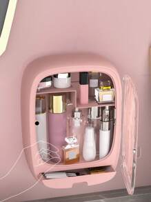 Punch Free Multifunctional Storage Box, 1pc Wall-mounted Cosmetic Storage Organizer, Dust-proof Makeup Container, Lotion Cosmetic Organizer With Clear Cover & 1 Drawer, Bathroom Organizer For Cosmetic, Jewelry, Hair Clips-Pink - Pink - View 7