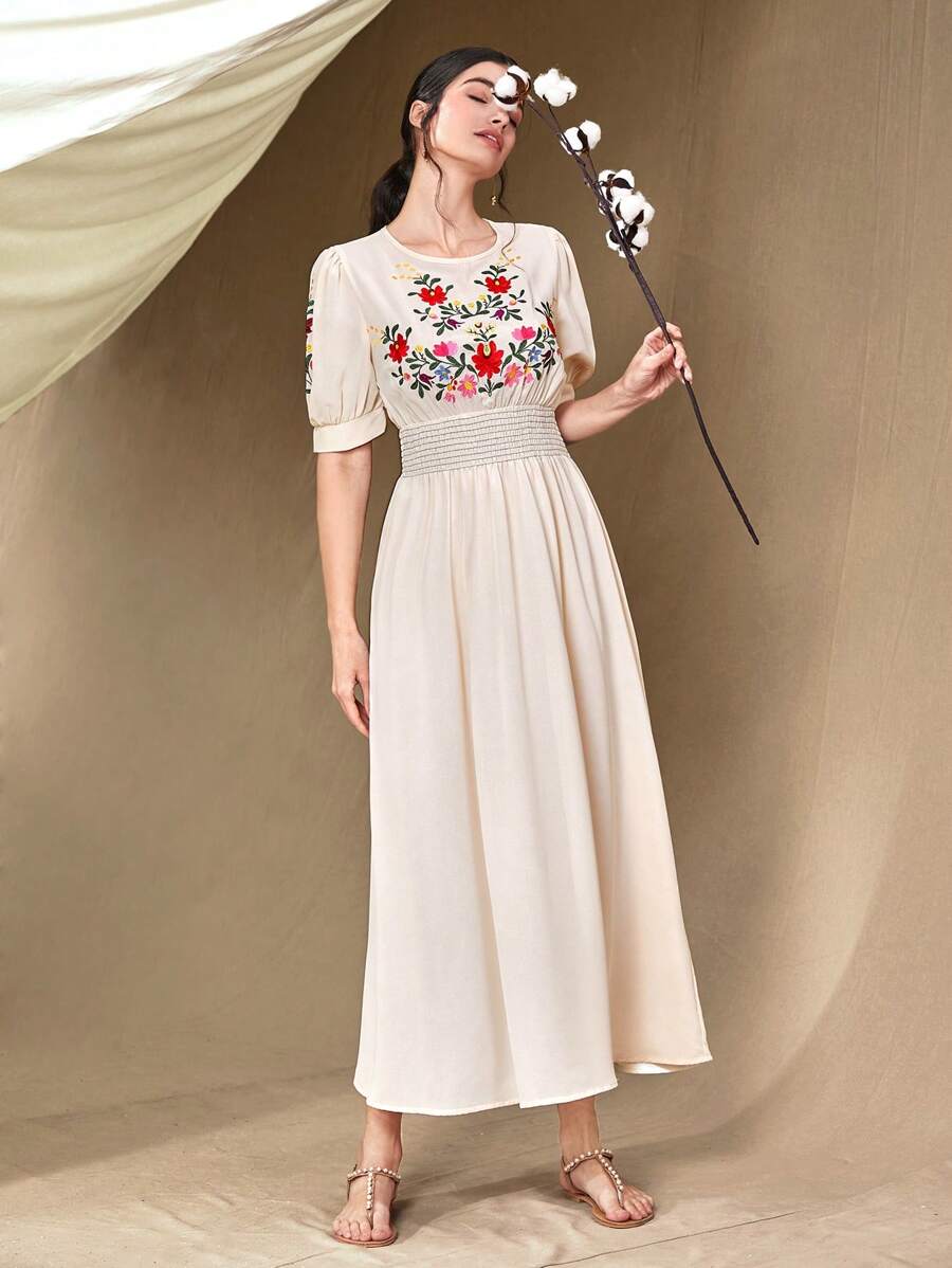 Seusyu 花卉刺繡泡泡袖A字連衣裙 - 杏色 - 查看 1