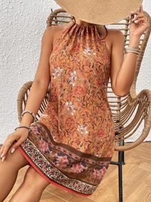 SHEIN VCAY Floral Print Tie Back Halter Dress - Orange - View 1