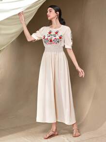 Seusyu 花卉刺繡泡泡袖A字連衣裙 - 杏色 - 查看 5