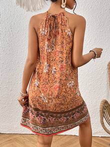 SHEIN VCAY Floral Print Tie Back Halter Dress - Orange - View 2