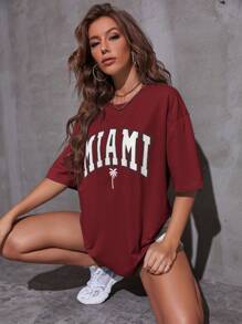 SHEIN Unity Camiseta de hombros caídos tropical & con estampado de letra - Burdeos - Ver 5