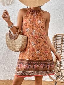 SHEIN VCAY Floral Print Tie Back Halter Dress - Orange - View 3