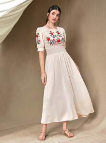 Seusyu 花卉刺繡泡泡袖A字連衣裙 - 杏色 - 查看 6