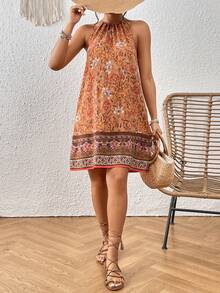 SHEIN VCAY Floral Print Tie Back Halter Dress - Orange - View 4