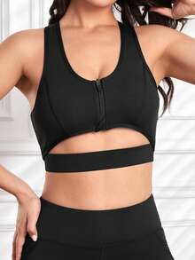 SHEIN Yoga Basic 鏤空拉鏈開襟工字運動型胸罩 - 黑色 - 查看 4