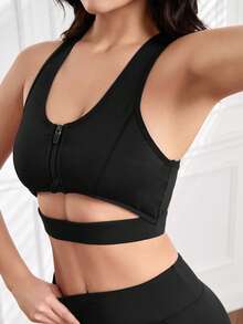 SHEIN Yoga Basic 鏤空拉鏈開襟工字運動型胸罩 - 黑色 - 查看 5