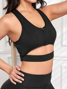 SHEIN Yoga Basic 鏤空拉鏈開襟工字運動型胸罩 - 黑色 - 查看 6