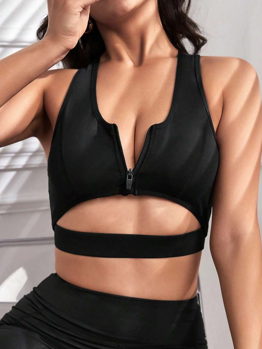 SHEIN Yoga Basic 鏤空拉鏈開襟工字運動型胸罩 - 黑色 - 查看 1