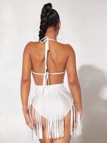 SHEIN SXY Rhinestone Detail Fringe Hem Tie Backless Halter Bodysuit - White - View 2
