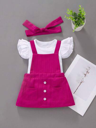 SHEIN Baby Girl Ruffle Trim Tee & Overall Dress & Headband