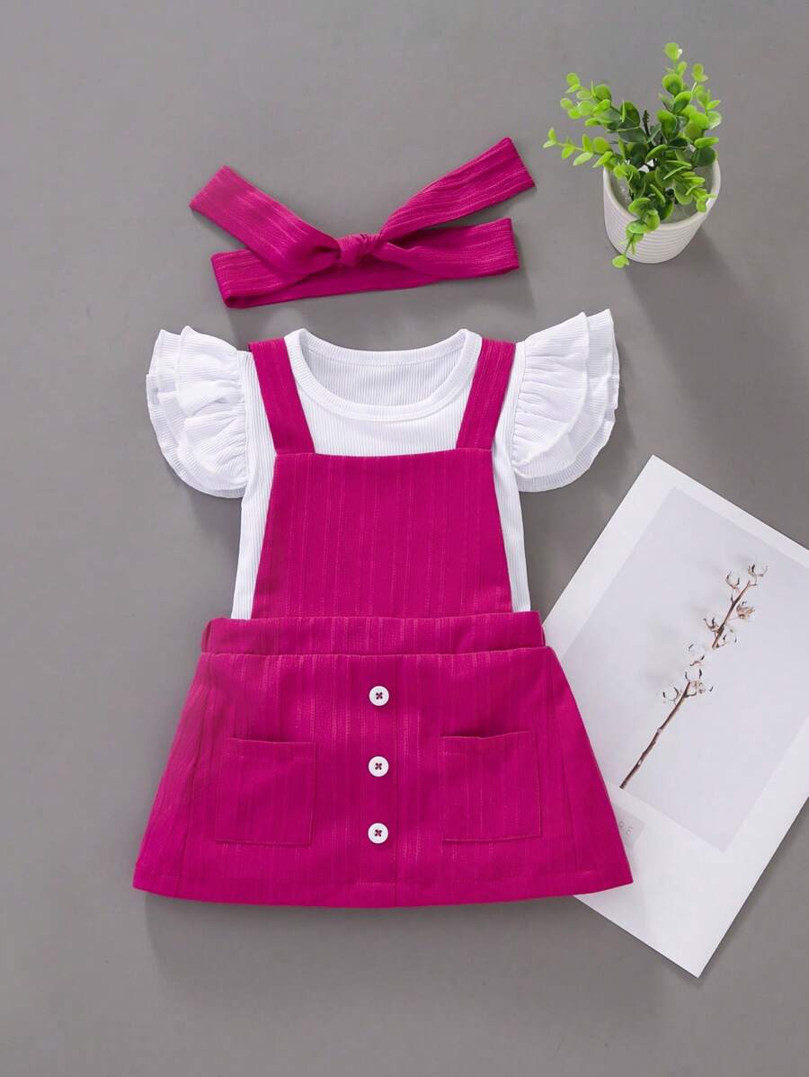 SHEIN Baby Girl Ruffle Trim Tee & Overall Dress & Headband - Hot Pink - View 1