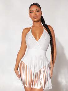 SHEIN SXY Rhinestone Detail Fringe Hem Tie Backless Halter Bodysuit - White - View 4