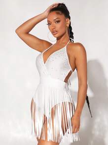 SHEIN SXY Rhinestone Detail Fringe Hem Tie Backless Halter Bodysuit - White - View 5