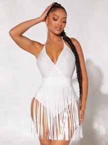 SHEIN SXY Rhinestone Detail Fringe Hem Tie Backless Halter Bodysuit - White - View 6