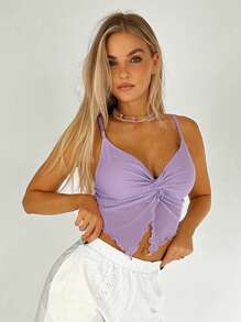 SHEIN EZwear Twist Front Lettuce Trim Cami Top - Lilac Purple - View 5