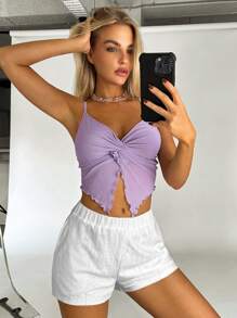 SHEIN EZwear Twist Front Lettuce Trim Cami Top - Lilac Purple - View 3