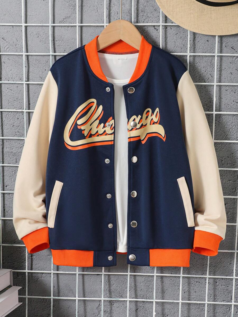 SHEIN 男大童字母圖案撞色學院風夾克不帶T恤 - 彩色 - 查看 1