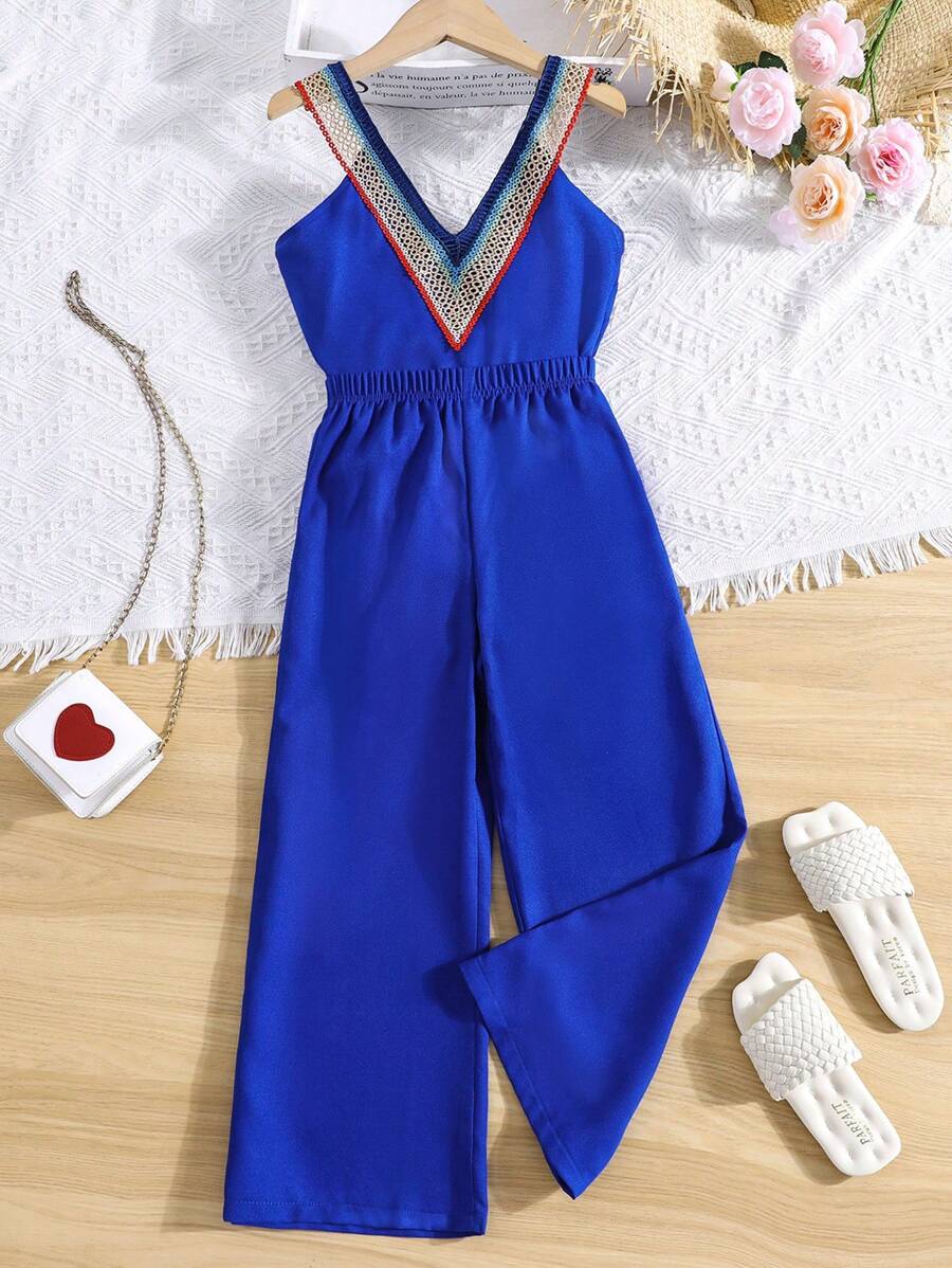 SHEIN Girls Contrast Guipure Lace Cami Top & Trousers Set - Royal Blue - View 1