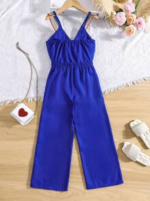 SHEIN Girls Contrast Guipure Lace Cami Top & Trousers Set - Royal Blue - View 2