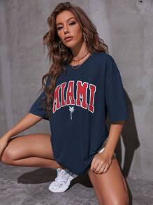 SHEIN Unity Camiseta gráfica con hombros caídos con estampado tropical y de letras para mujeres - Azul Marino - Ver 5