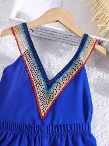 SHEIN Girls Contrast Guipure Lace Cami Top & Trousers Set - Royal Blue - View 3