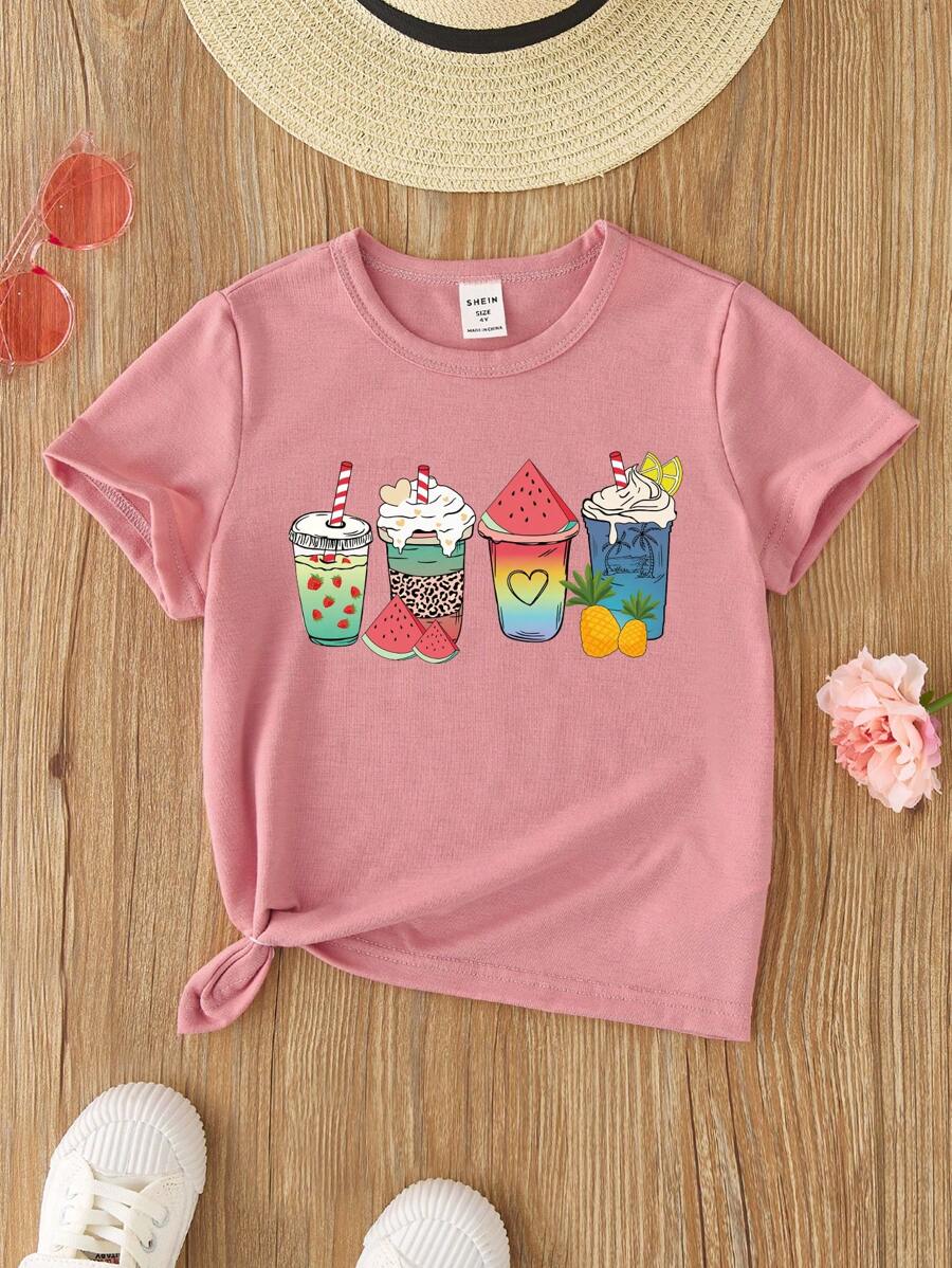 小女童西瓜和飲料印花T恤 - 藕粉色 - 查看 1