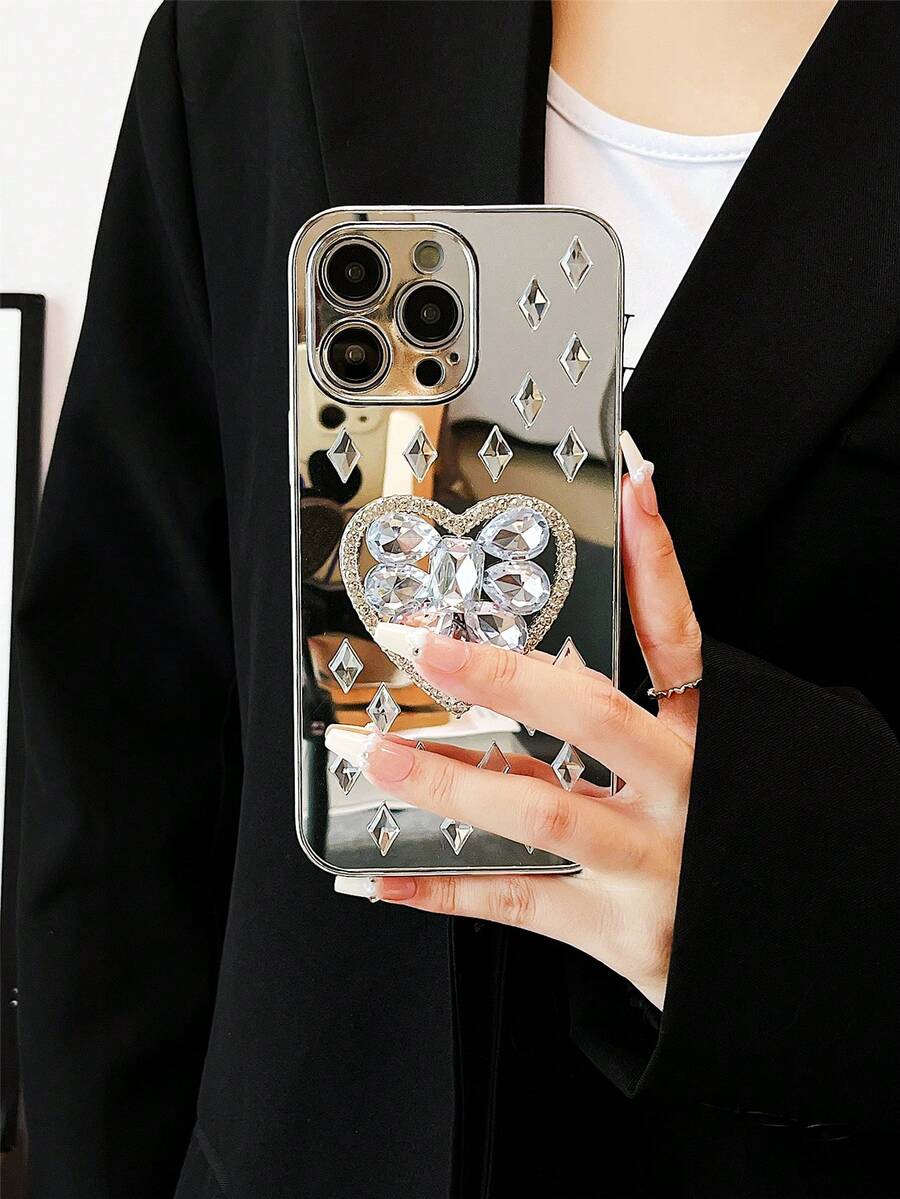 Funda para móvil con diamante de imitación con adorno de corazón PC - Plateado - Ver 1