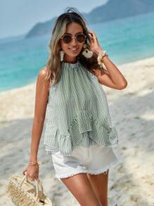SHEIN VCAY Top halter de rayas bajo con fruncido - Verde - Ver 6