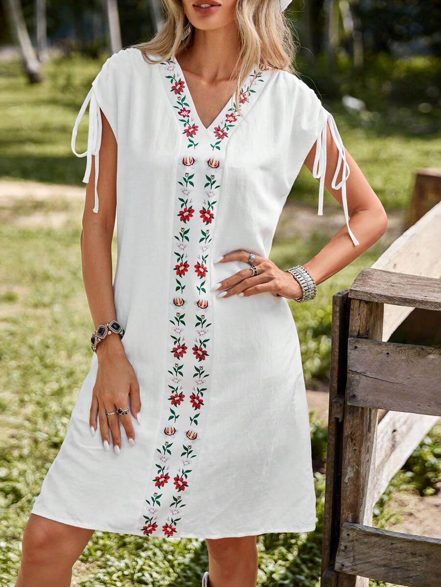 SHEIN VCAY Floral Embroidery Knot Cuff Tunic Dress - White - View 1
