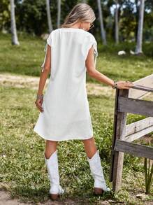 SHEIN VCAY Floral Embroidery Knot Cuff Tunic Dress - White - View 2