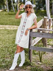 SHEIN VCAY Floral Embroidery Knot Cuff Tunic Dress - White - View 5