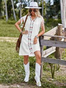 SHEIN VCAY Floral Embroidery Knot Cuff Tunic Dress - White - View 6