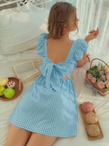 SHEIN WYWH Đầm Xù Buộc lại Kẻ sọc Giải trí - Xanh và trắng - Xem 2