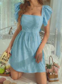 SHEIN WYWH Đầm Xù Buộc lại Kẻ sọc Giải trí - Xanh và trắng - Xem 3