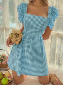 SHEIN WYWH Đầm Xù Buộc lại Kẻ sọc Giải trí - Xanh và trắng - Xem 4