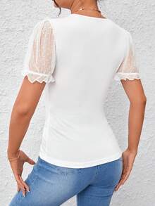 SHEIN Privé Áo thun nữ Tương phản Mesh viền lá sen cắt màu trơn Giải trí - trắng - Xem 2