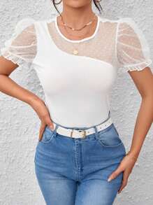 SHEIN Privé Áo thun nữ Tương phản Mesh viền lá sen cắt màu trơn Giải trí - trắng - Xem 1