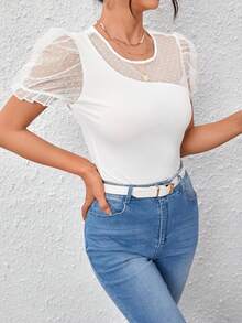 SHEIN Privé Áo thun nữ Tương phản Mesh viền lá sen cắt màu trơn Giải trí - trắng - Xem 3