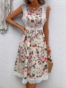 1入組印花蕾絲拼接連衣裙 - 杏色 - 查看 1