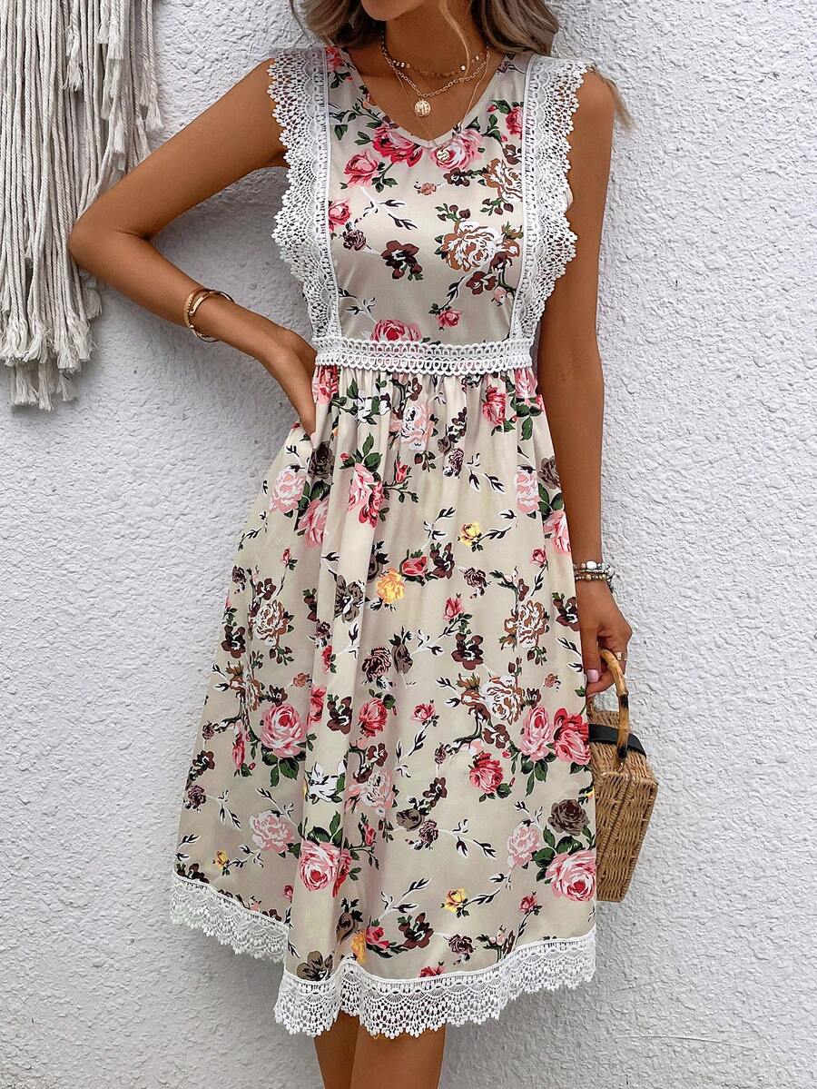 1入組印花蕾絲拼接連衣裙 - 杏色 - 查看 1