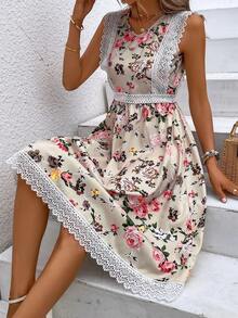 1入組印花蕾絲拼接連衣裙 - 杏色 - 查看 4